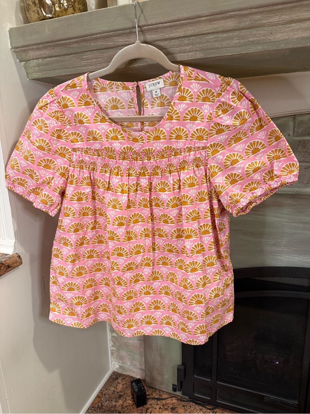 J. Crew Pink & Yellow Patterned Short Sleeve Smocked Top